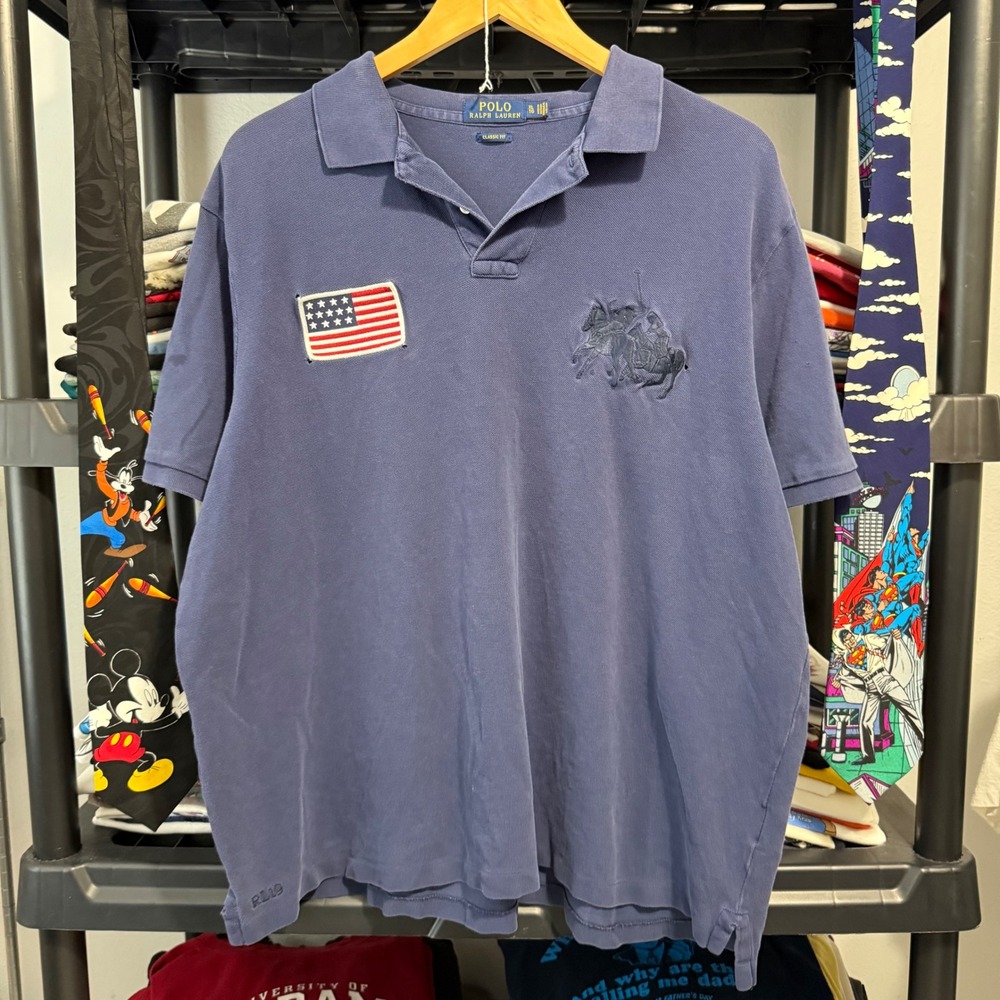 Y2K Blue Polo Ralph Lauren American Flag Big Pony Polo XL Light Marks